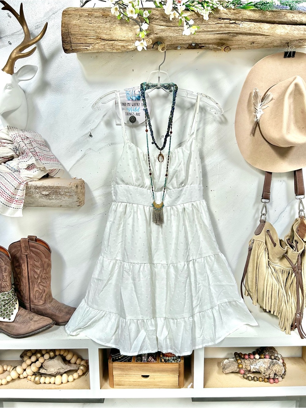 Boho Tiered mini dress w resort vacay shabby chic beach vibe